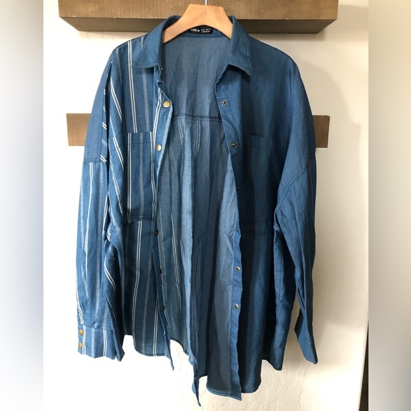 Shein|Oversized button down chambray top, striped & solid—asymmetrical hem•••XXL - Picture 9 of 14